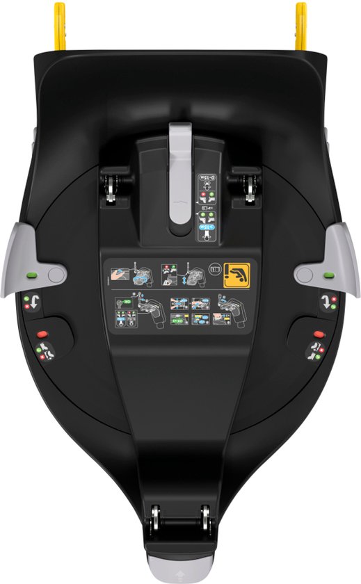 Bovenaanzicht van de Maxi-Cosi FamilyFix 360 isofix autostoel base met instructies en groene/rode indicatoren.