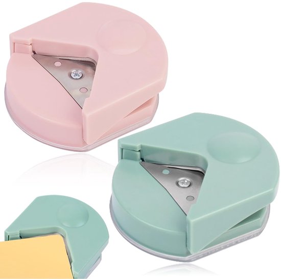 Roze en lichtgroene hoekponsen. Inzet toont een lichtgroene hoekpons die een gele kaart afrondt.