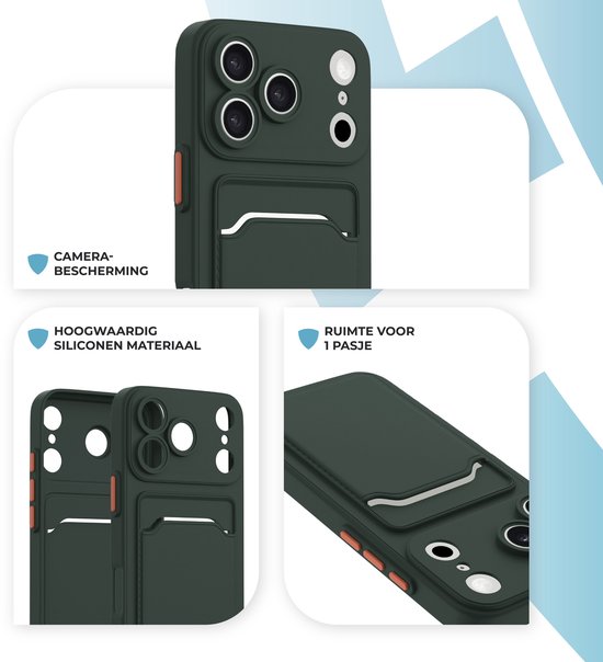 Donkergroen telefoonhoesje met kaarthouder. 'Camera-bescherming', 'Hoogwaardig siliconen materiaal', 'Ruimte voor 1 pasje'.