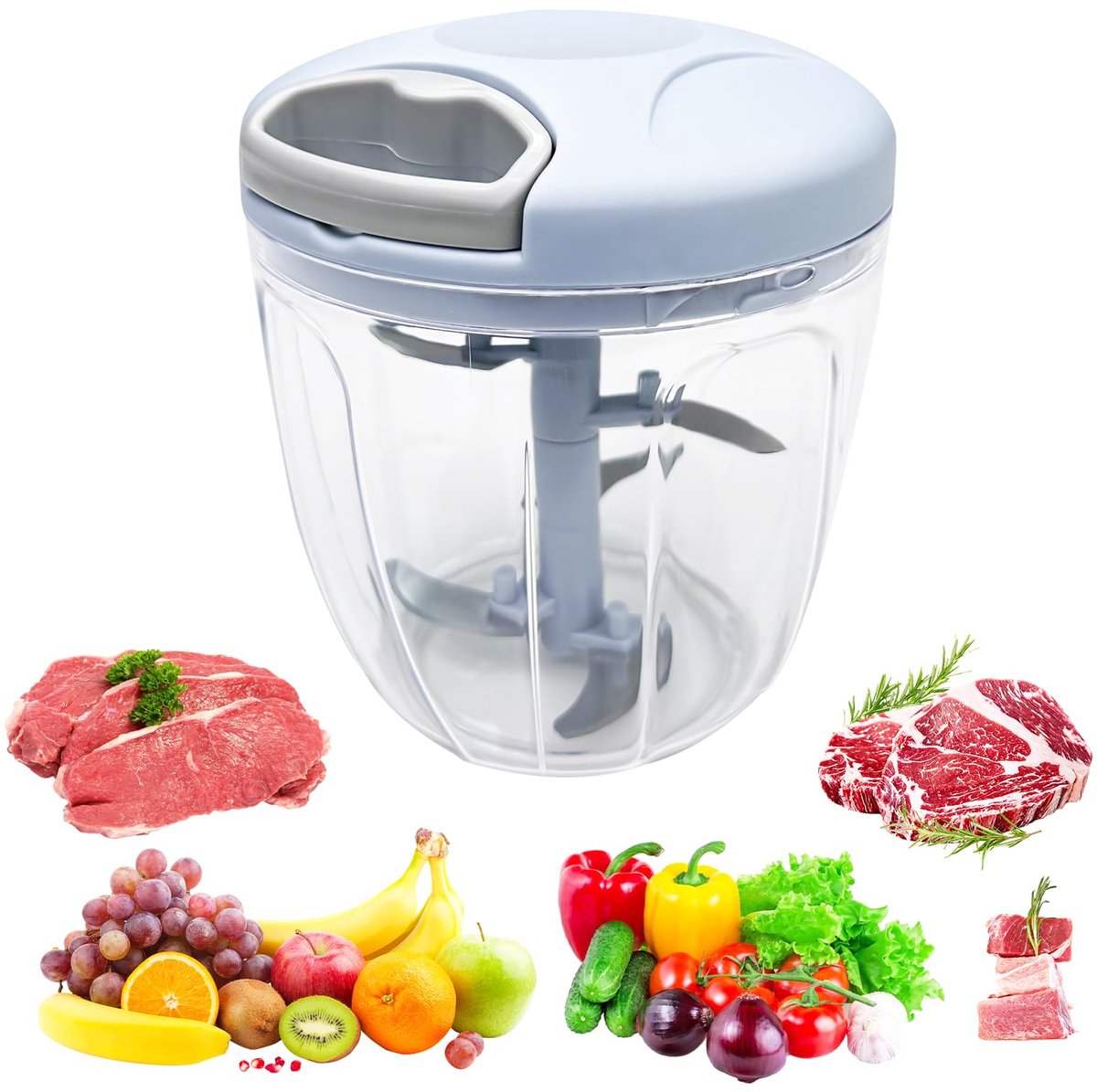 Mini Hachoir Manuel Cuisine 900 ml Met Drag Cord, Mixer 5 Lames in roestvrij staal, Oeg koppel, Hachoir Legume, Emissor (Blauw)