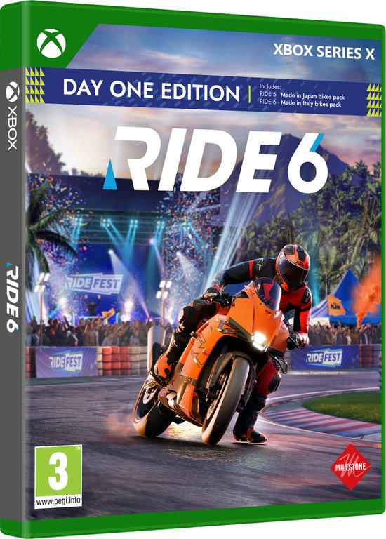 Doos van RIDE 6 Day One Edition voor Xbox Series X met motorrijder.