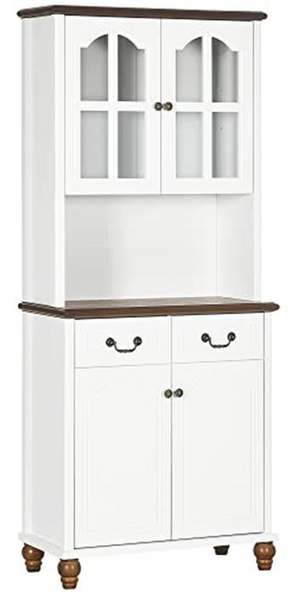 Kookbuffet met 2 lades, Hoge Kast met 4 Deuren en Open Compartment, Wit, 76 x 38 x 182 cm