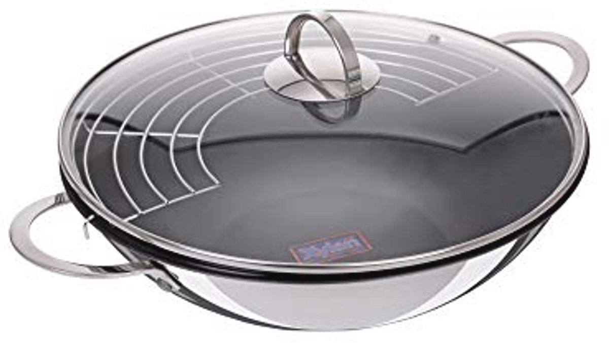 Wokset 32 cm met antiaanbakcoating, glazen deksel en legrooster