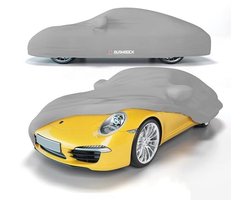 BUSHBOCK® Premium autohoes indoor voor Porsche e.d. - satijn beschermhoes stof - afdekzeil autohoes voor binnen - 2 kleuren, 4 maten (zilvergrijs, M)