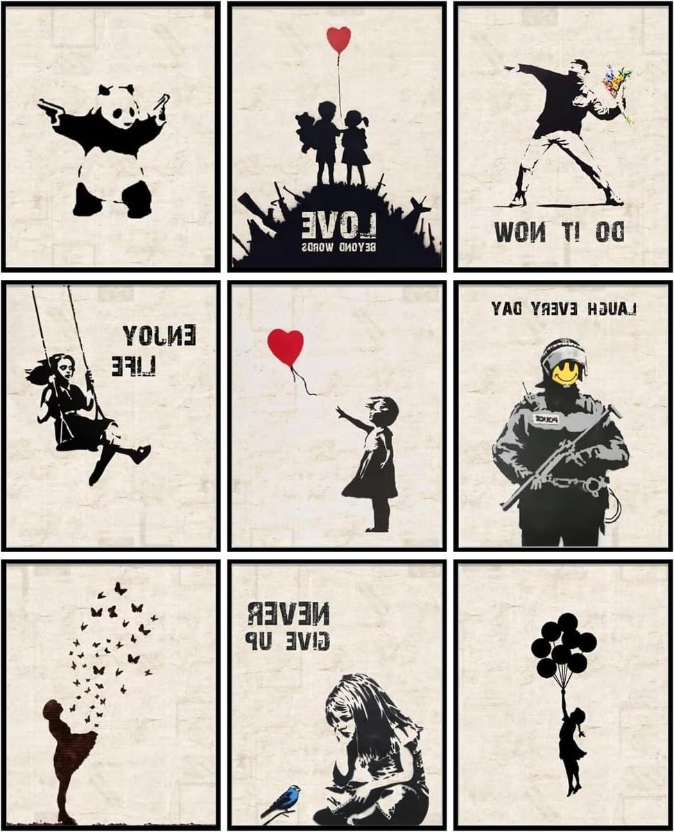 Provento - Canvas kunst set met 9 Panda prints, 20 x 25 cm - Graffiti, straatkunst, inspirerende citaten