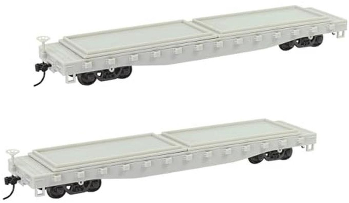 Onbeschilderde H0 spoor open goederenwagon met zware container – Set van 2 platte wagens