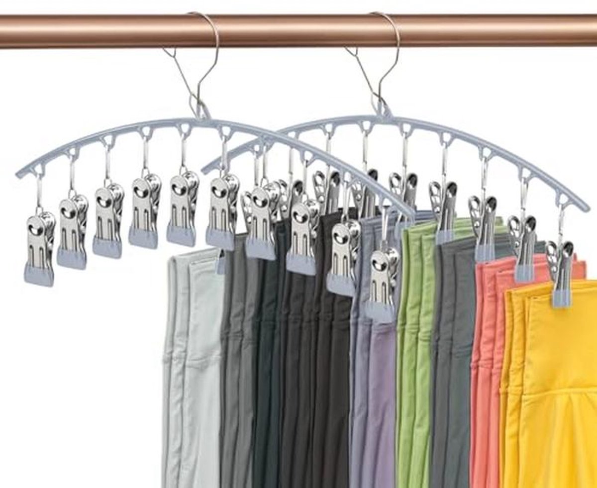 Ruimtebesparende kleerhangers voor sokken met 10 clips - 2 stuks roestvrij staal