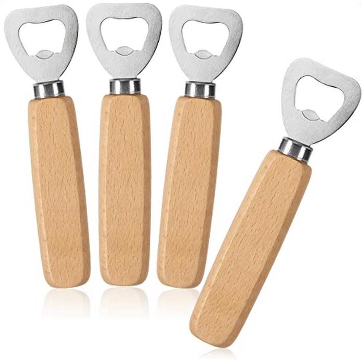 Ergonomische flesopener van roestvrij staal met beukenhouten handgreep - set van 4