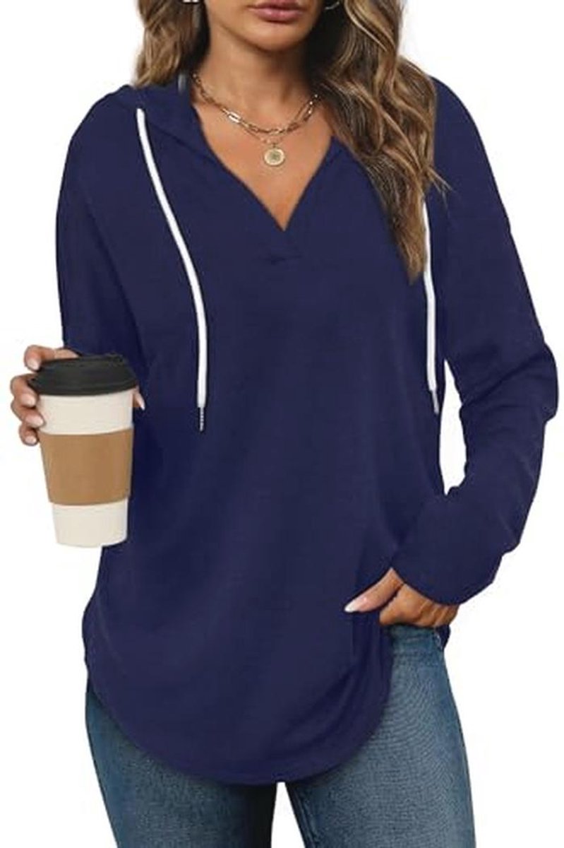Hoodie Dames Pullover V-hals Capuchon Oversized Sweatshirt Met Trekkoord