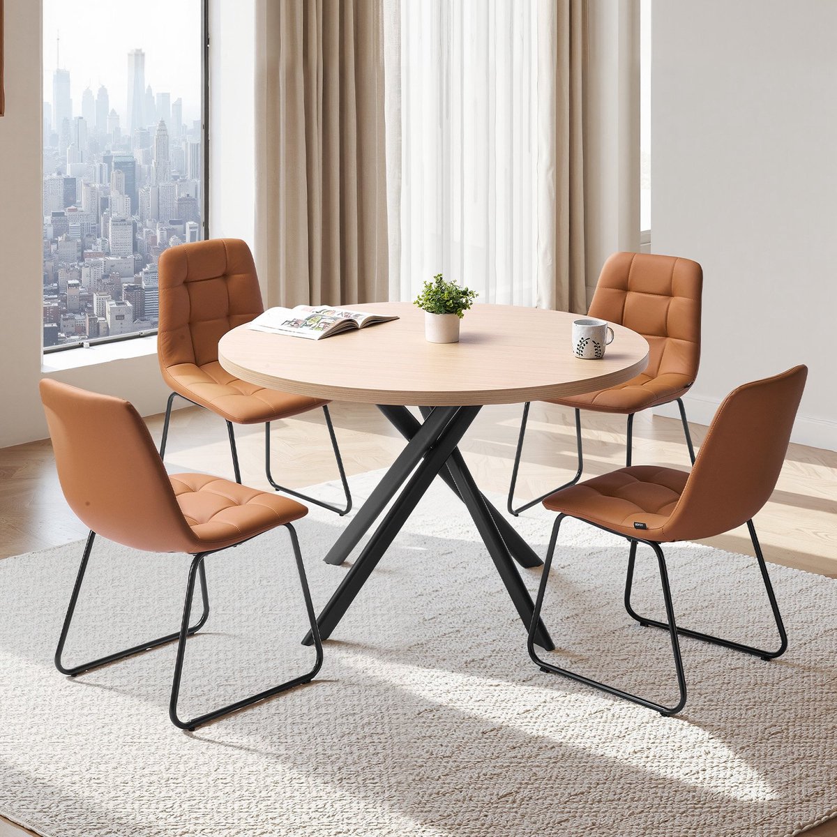 Eetkamerset - Ronde Eettafel met 4 Stoelen - Gestoffeerde Stoelen - Waterdicht Tafelblad - Houtlook - Geschikt Voor Kleine Ruimtes - Draagvermogen 149,7 kg per Stoel - Oranje