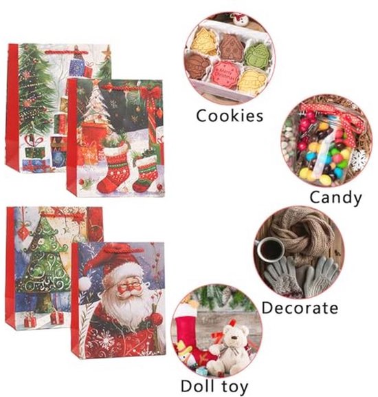 AOBKIAT 24 stuks cadeauzakjes voor Kerstmis, kerstzakjes, papieren zakken met handvat, cadeautassen, voor het opbergen van geschenken, gebak, feestaccessoires (21 x 15 x 8 cm