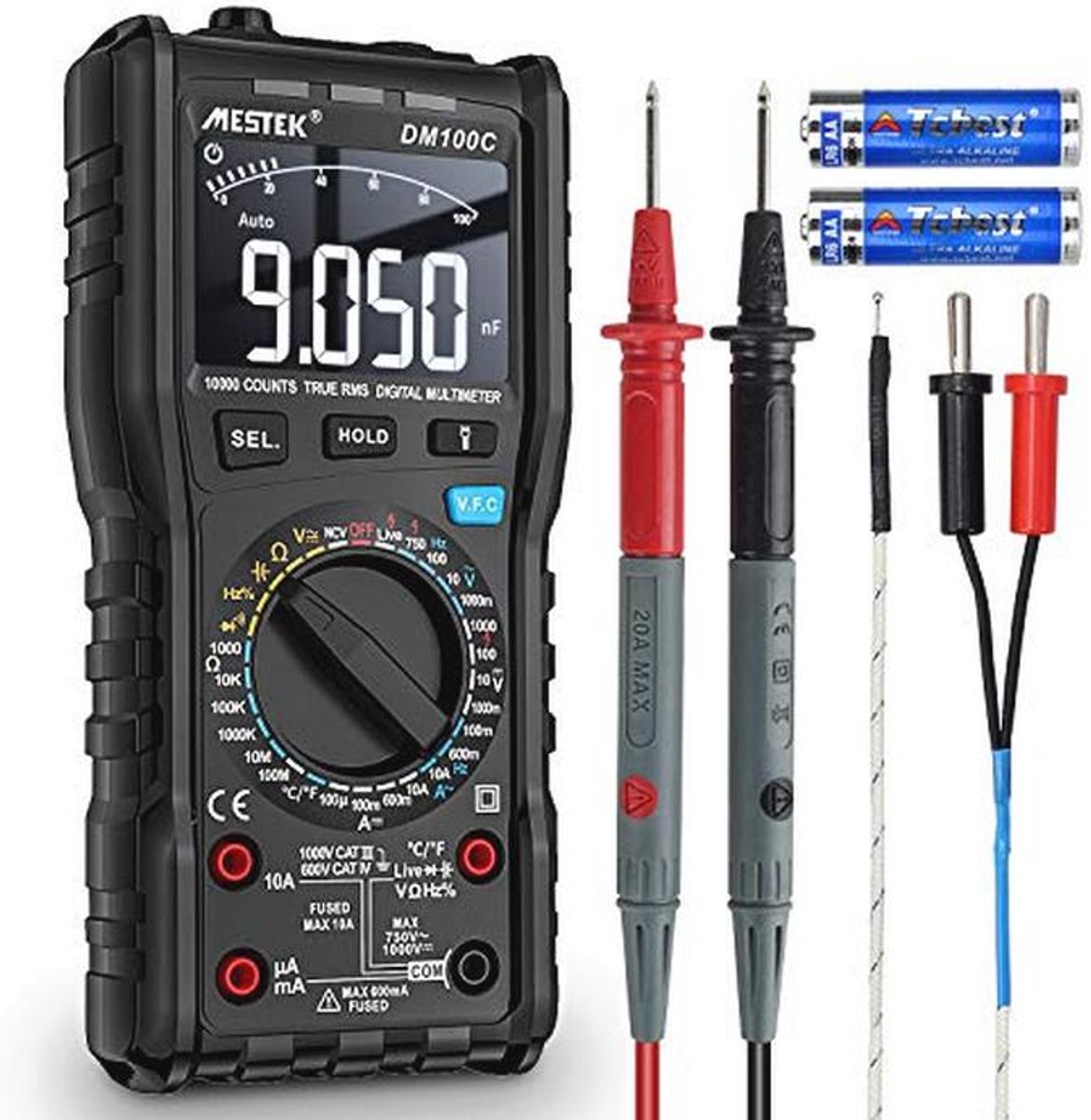 Digitale Multimeter met AC/DC Spanningstester, Stroom- en Ohmmeter – Multifunctionele T-RMS, Temperatuur-, Capaciteit- en Frequentietester met Continuïteitstest