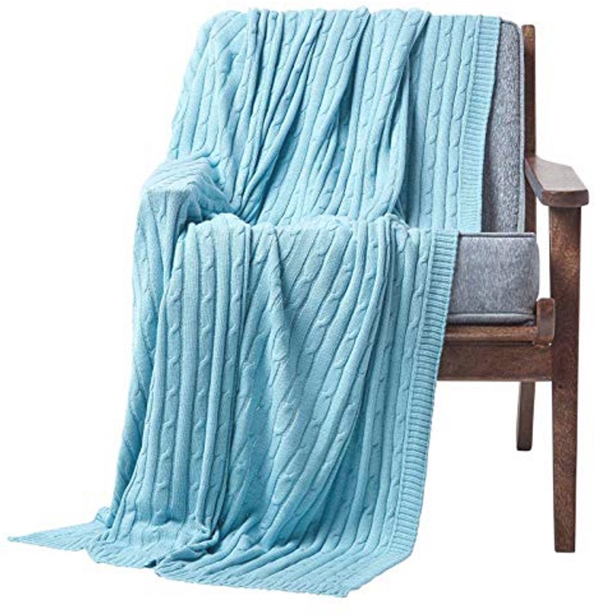 Knuffelzachte brei/sprei/plaid in lichtblauw met kabelpatroon - 100% katoen - 130 x 170 cm