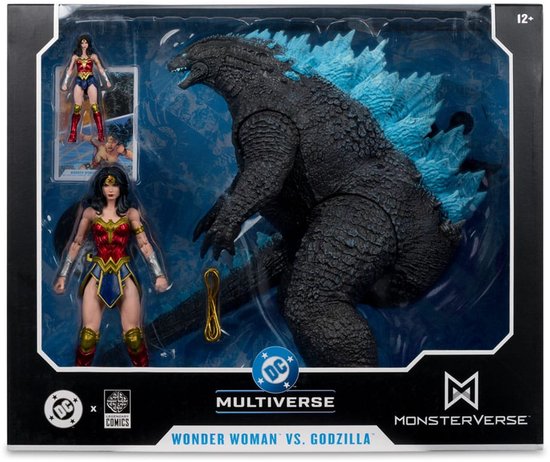 Verpakking van de Wonder Woman vs. Godzilla actiefiguren set, met afbeeldingen van beide personages.