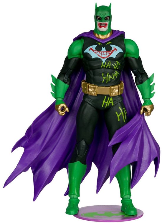 Jokerized Batman actiefiguur met paarse cape, staand op een paars display met bat-symbool.