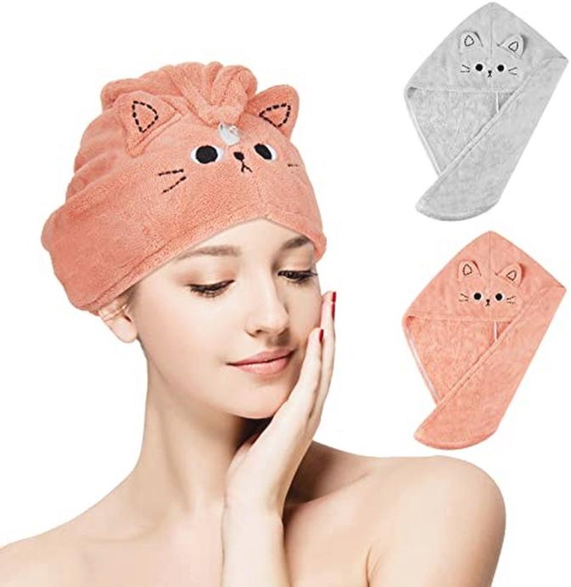 Microvezel Haarhanddoek - Absorberende Snel Drogende Tulband voor Vrouwen en Kinderen - Roze en Grijs met Cartoon Design