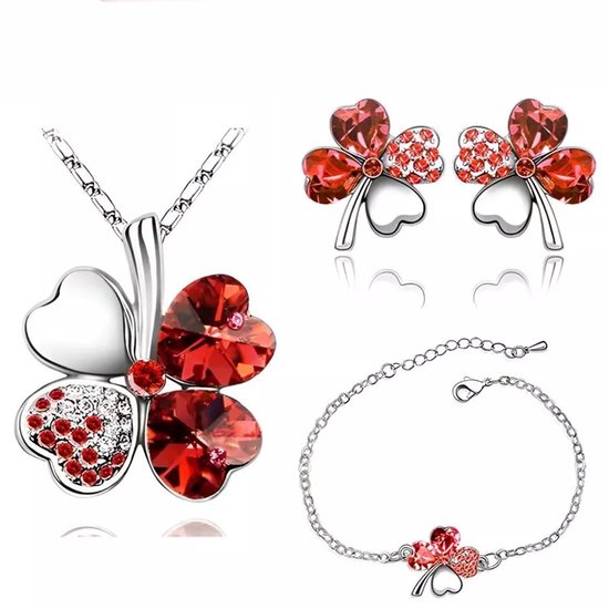 Fler® | Dames Sieraden Geschenkset Compleet | Klavertje Vier Hartvormig Zilver & Rood | Ketting met Hanger | Armband | Oorbellen | Zilverkleurig