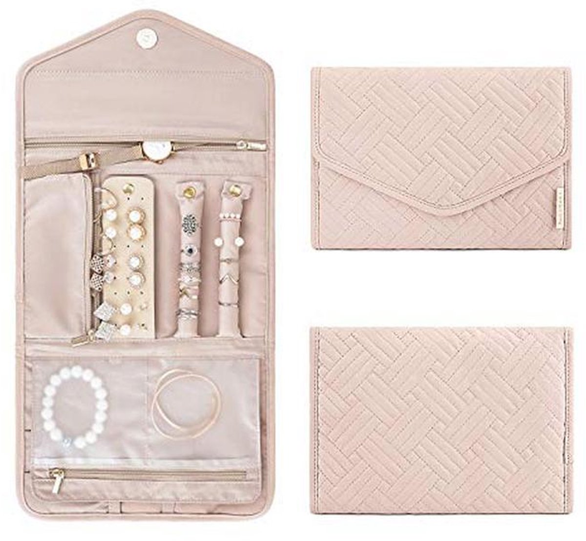 Sieraden Organizer Reisset - Reishouder voor Ringen, Oorbellen, Kettingen en Horloges - Zacht Roze