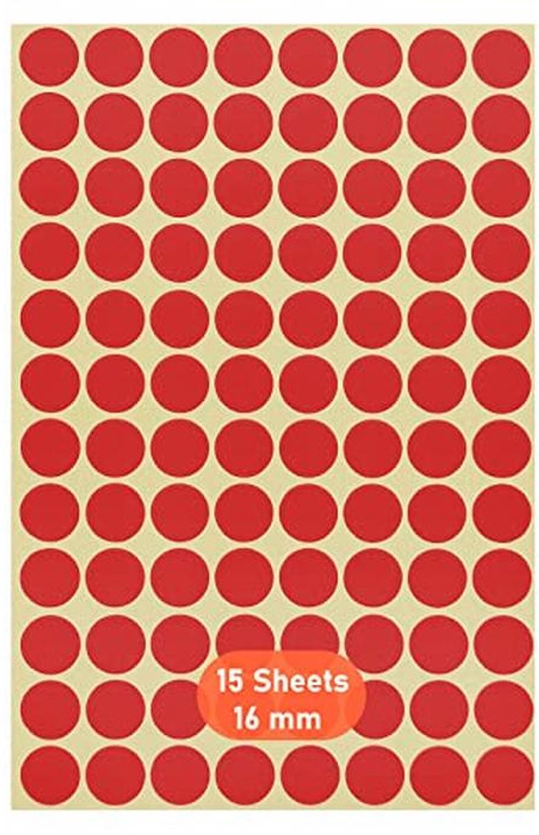 Ronde stippenstickers 16 mm - Kleurcoderingslabels voor kalenders, schoolboeken en kunstambachten - 15 stuks