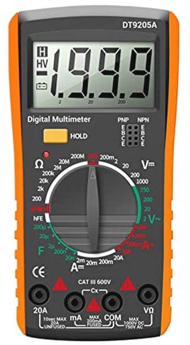 Professionele digitale multimeter DT9205A - Voltmeter, Ampèremeter en Ohmmeter voor AC/DC met LCD-display