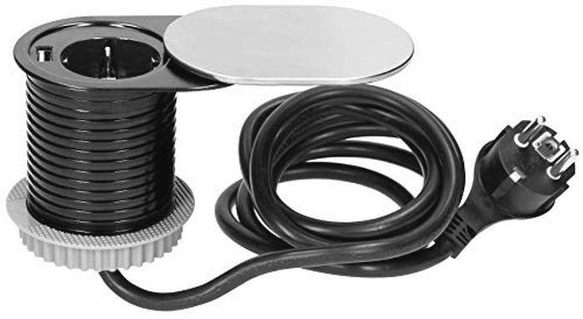 Intrekbare inbouwstekkerdoos met USB-oplader - 1 vak - 1,9 m kabel - Zwart