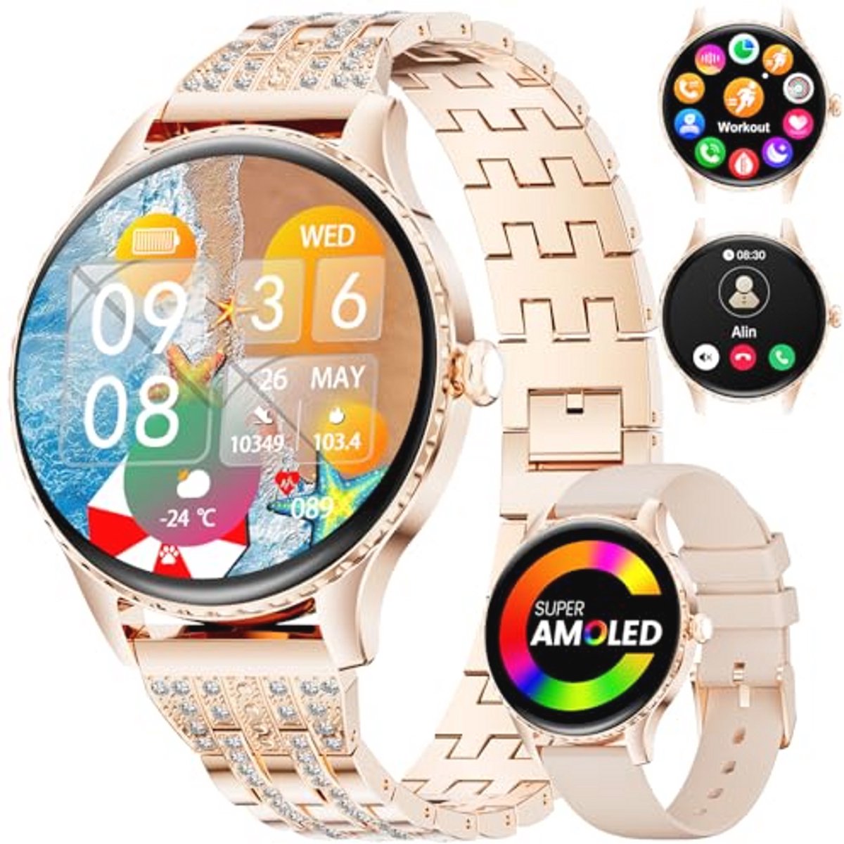 LIGE Dames smartwatch met Bluetooth-oproepen, ultradun, 3,3 cm (1,32 inch), AMOLED-smartwatch met 24-uurs hartslag, slaapbewaking voor Android iOS, 100+ sport, IP68 waterdicht, roségoud