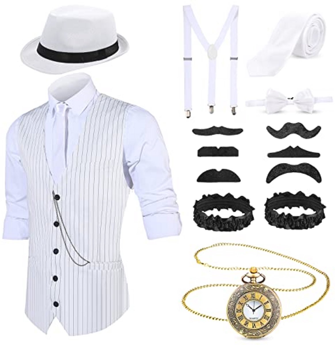 Herenkostuum Jaren 20 voor Halloween met Gangster Vest, Hoed, Zakhorloge en Bretels
