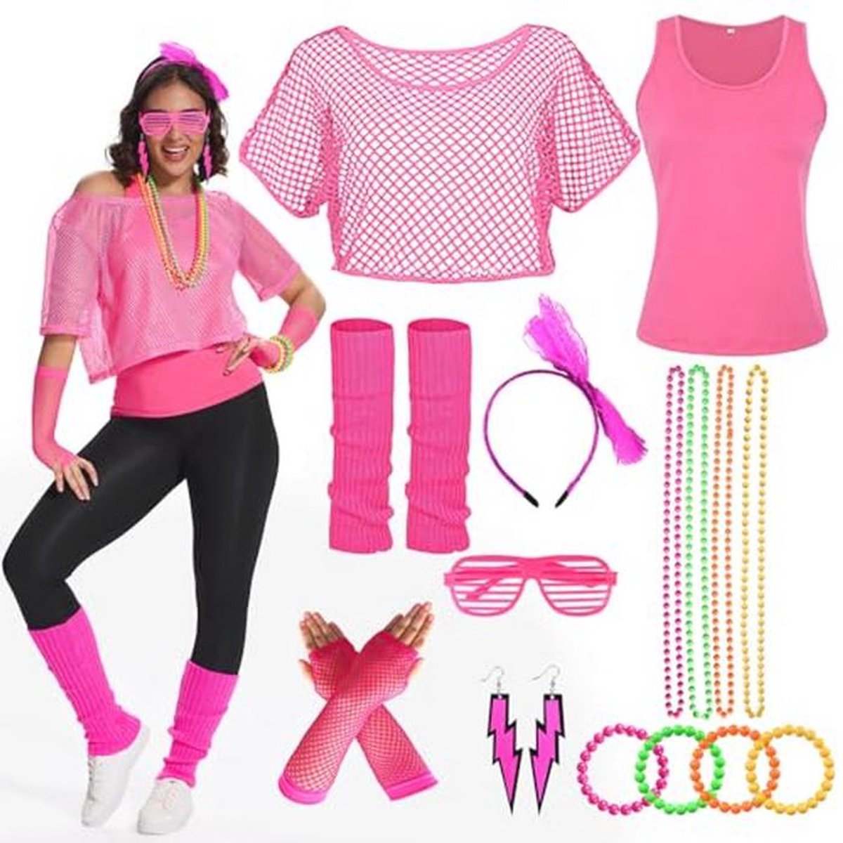 80s Dames Outfit - Jaren '80 Kleding Set met Netshirt, Tanktop en Neon Accessoires