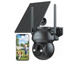 Xega 2K Zonne-energie CCTV-bewakingscamera Buiten Draadloos, 360° Beeld PTZ Beveiligingscamera met WiFi, Oplaadbare Batterij IP-camera, Kleur Nachtzicht, Tweerichtingsaudio, PIR-detectie, IP66