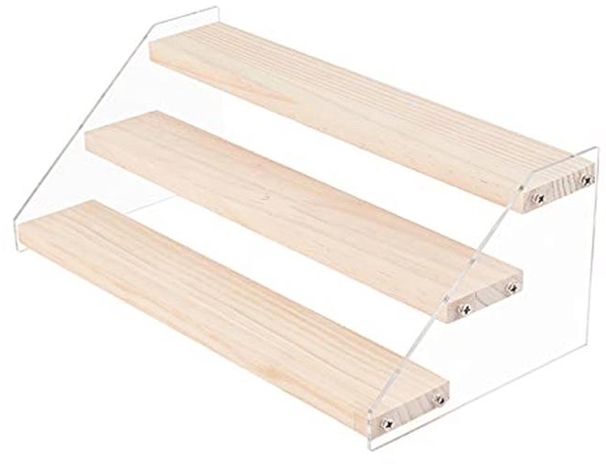 Acryl Display Stand voor Ambachten - 3-Steps Transparant met Houten Basis
