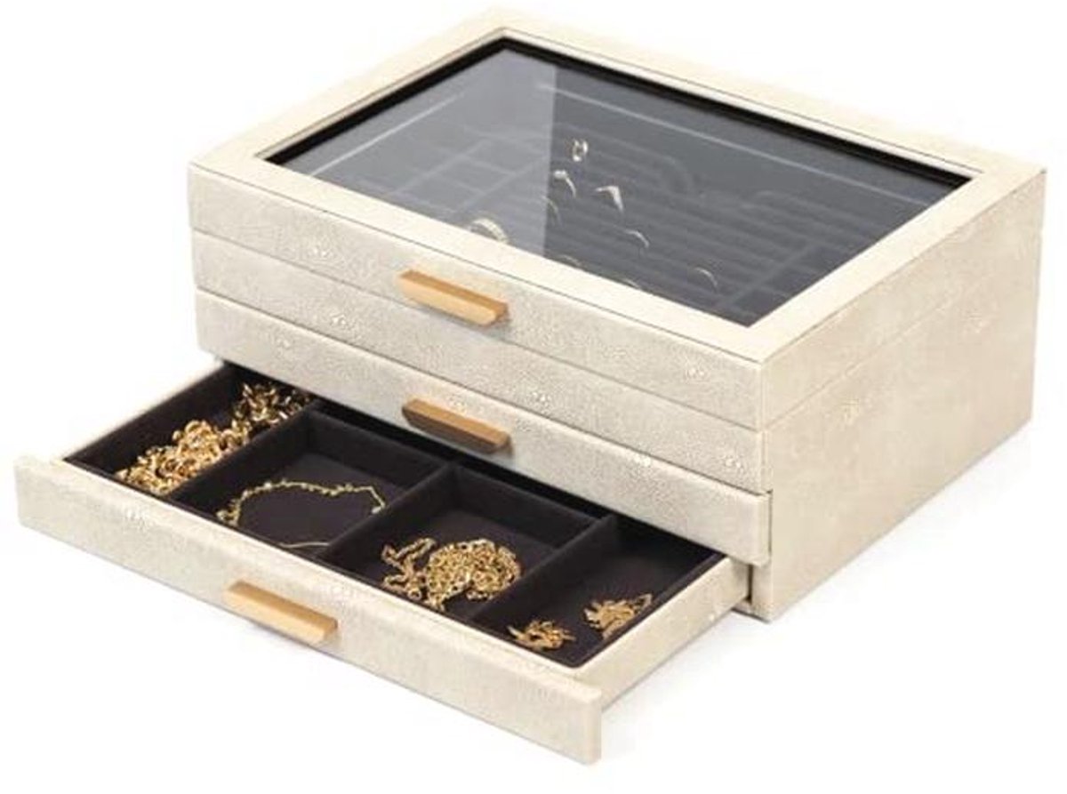 Grote 3 Tier Sieraden Box voor Vrouwen - Opbergkoffer en Organizer met Glazen Deksel