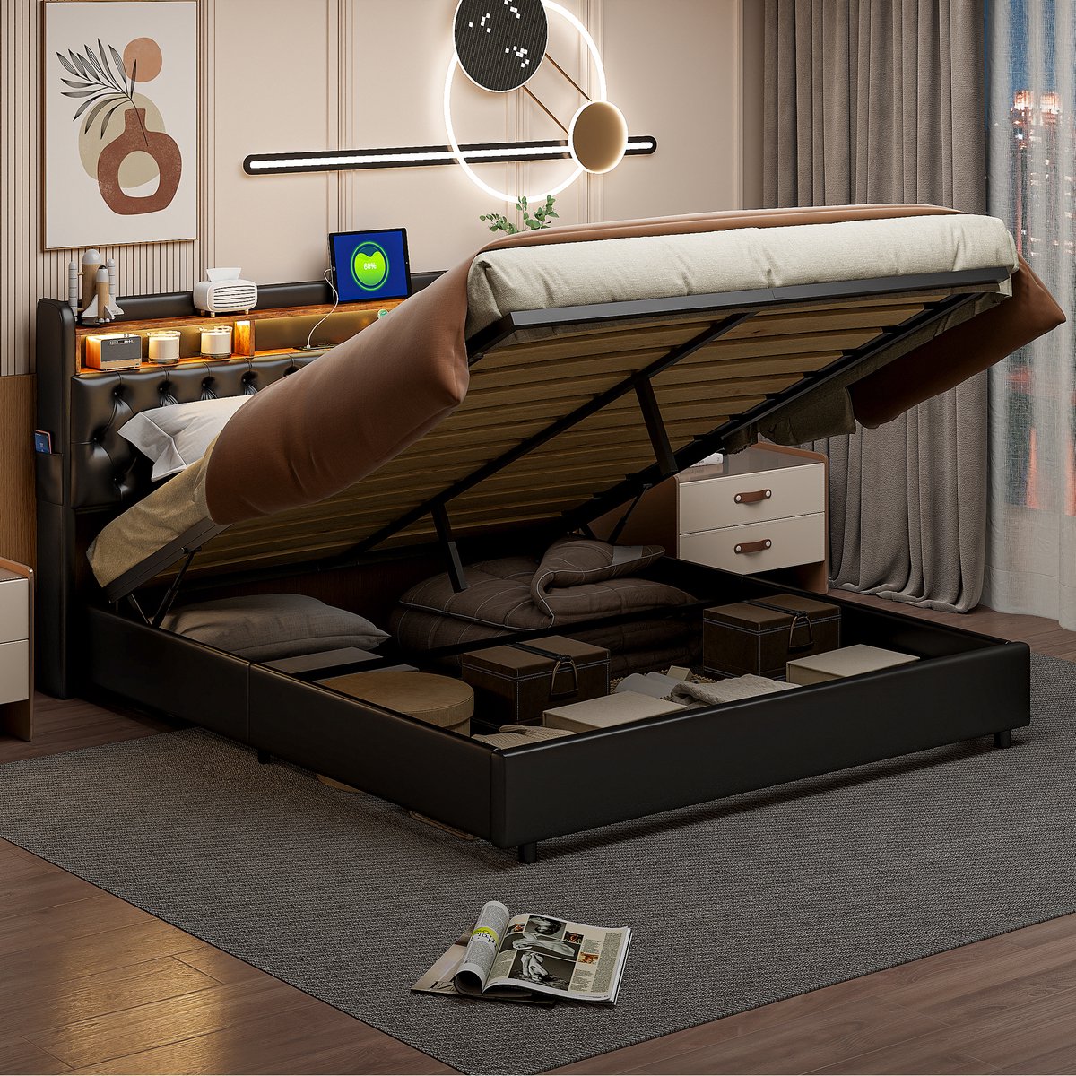 Tweepersoonsbed 180×200 cm - Zwart PU Hydraulisch Opbergbed - Tweepersoonsbed - €299,99