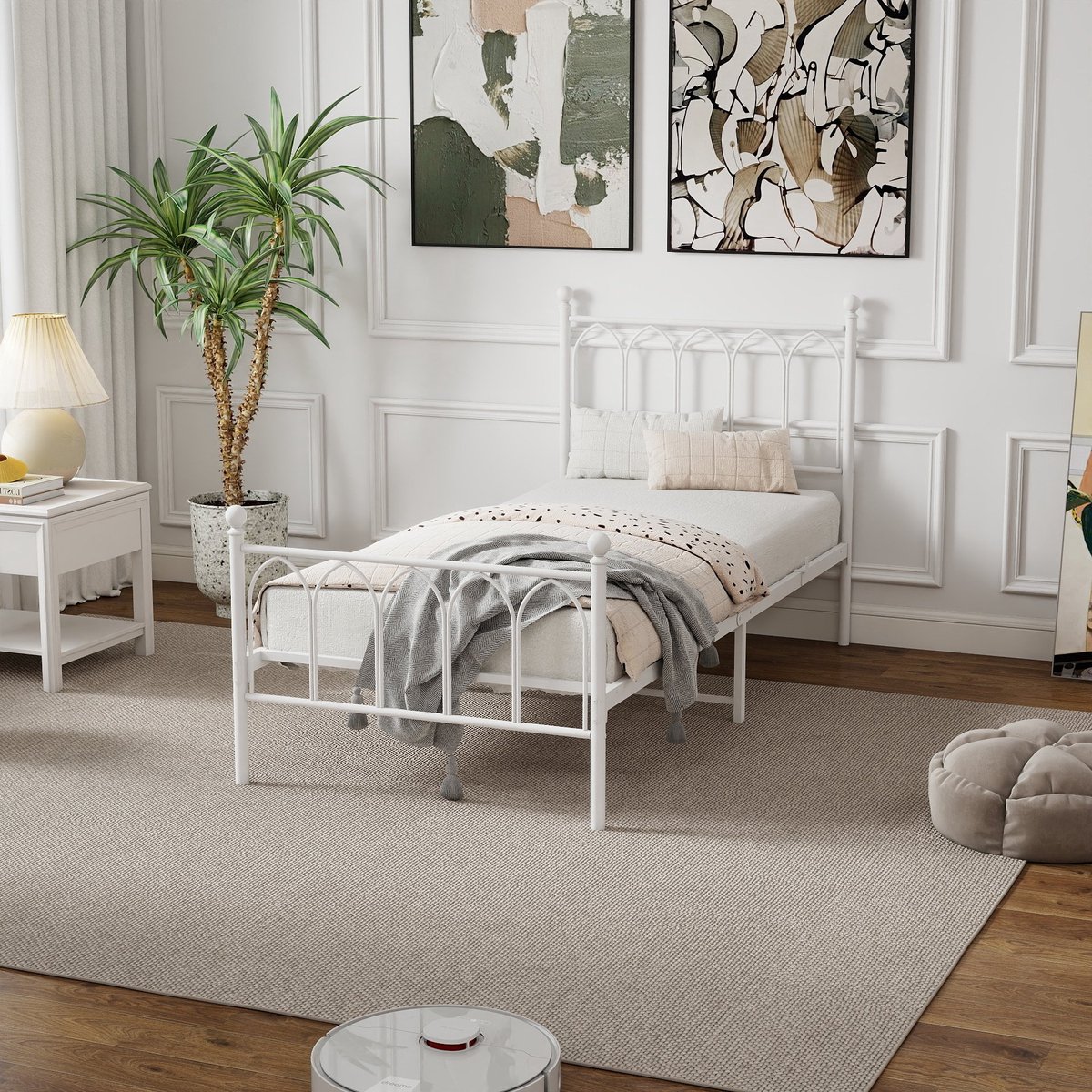 MODFU Klassiek Metalen Eenpersoonsbed 90x200 cm – 206,5x91x102,5 cm – Met stalen lattenbodem & 27 cm opbergruimte – Wit – Kraakvrij