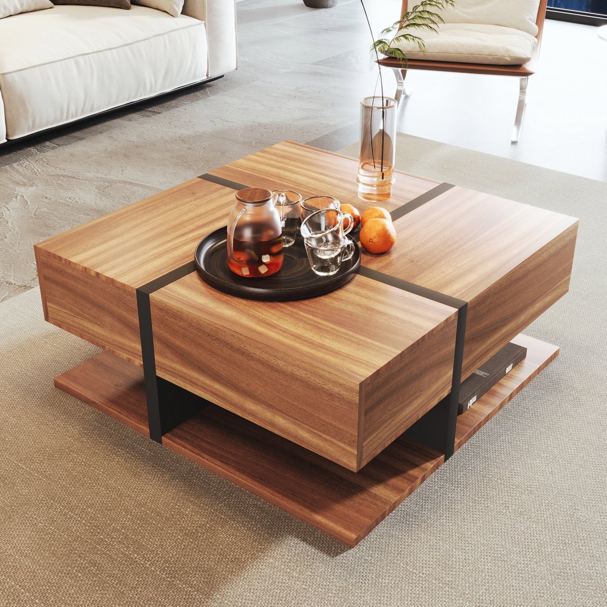 STILVORA Salontafels 78x78x36 cm - Salontafel Met Opbergruimte Onder - Modern Lijnontwerp - Vierkant - Table Basse - Spaanplaat - Natuurlijk
