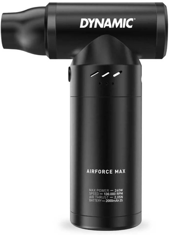 Zwarte 'Airforce Max' blower met specificaties: Max Power - 240W, Speed - 130.000 RPM.