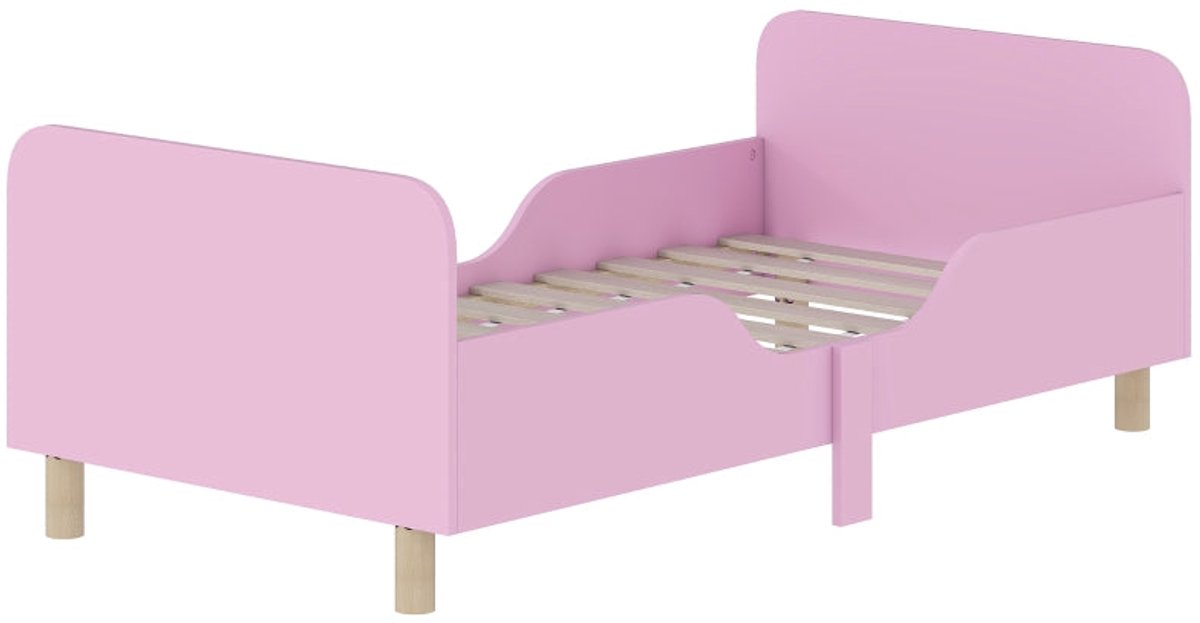 Merax Kinderbed 70x140 - Peuterbed met Houten Lattenbodem en Valbeveiliging - Hout MDF - Roze - Laag Kinderbed Zonder Matras
