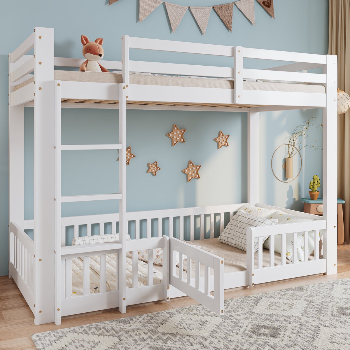 STILVORA Stapelbedden voor kinderen - 200x90 - Massief Houten Kinderbed - Rechtwinklige Trap Met Hek - Grenen - Wit