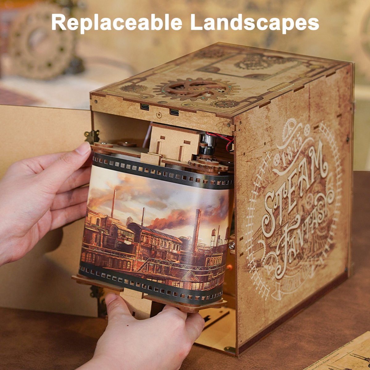 Tonecheer Steam Fantasy Book Nook Bouwpakket - Modelbouw - 15,8 x 22,4 x 22,5 cm - Houten 3D Puzzel - Boekensteun - LED-licht - Bewegingssensor Licht - Boekenhouder — afbeelding 4