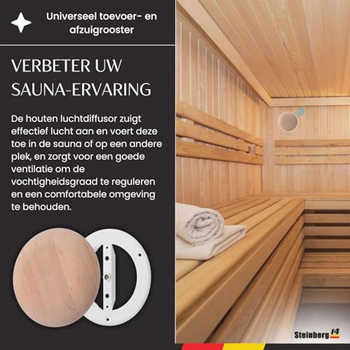 Houten Luchtventilator - Universele Aanvoer- en Afvoeropening - Verstelbare Ventilatiekappen - Ronde Wand- en Plafondventilator - Ventilatierooster voor Sauna