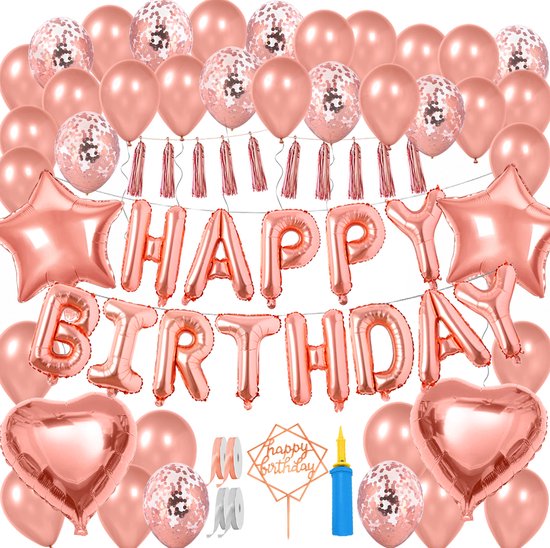 Vitamo™ Roségoud Verjaardag Versiering met Ballonpomp - Cake Topper - Feestversiering - Happy Birthday Feestpakket - Ballonnen - Slinger - Verjaardagsfeest - Feestartikelen - Roze Goud Feestdecoratie XL