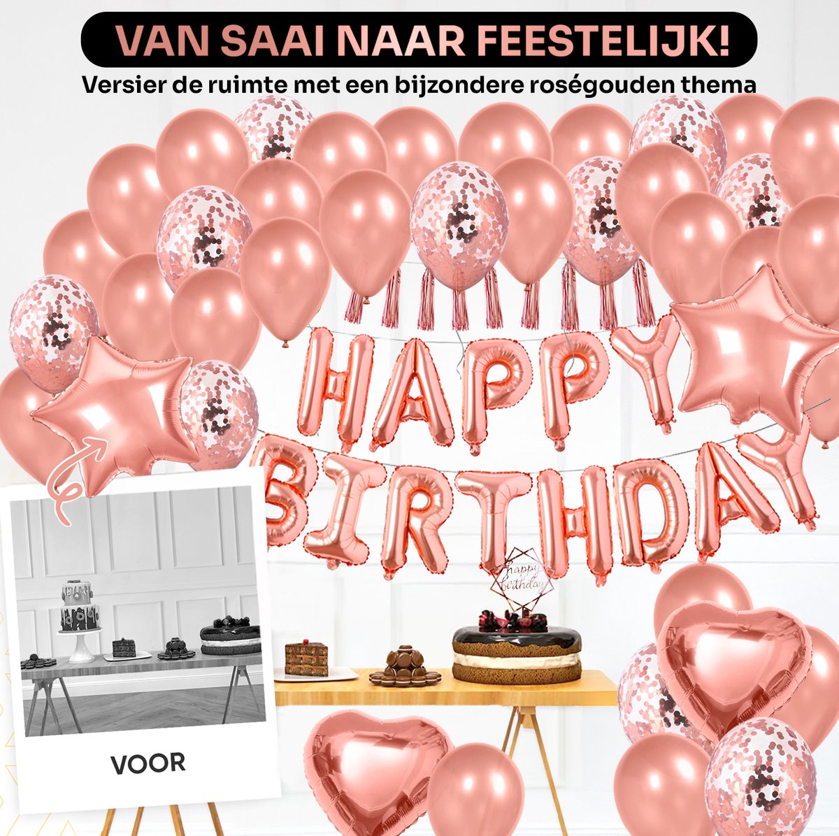 Vitamo™ Roségoud Verjaardag Versiering met Ballonpomp - Cake Topper - Feestversiering - Happy Birthday Feestpakket - Ballonnen - Slinger - Verjaardagsfeest - Feestartikelen - Roze Goud Feestdecoratie XL — afbeelding 7