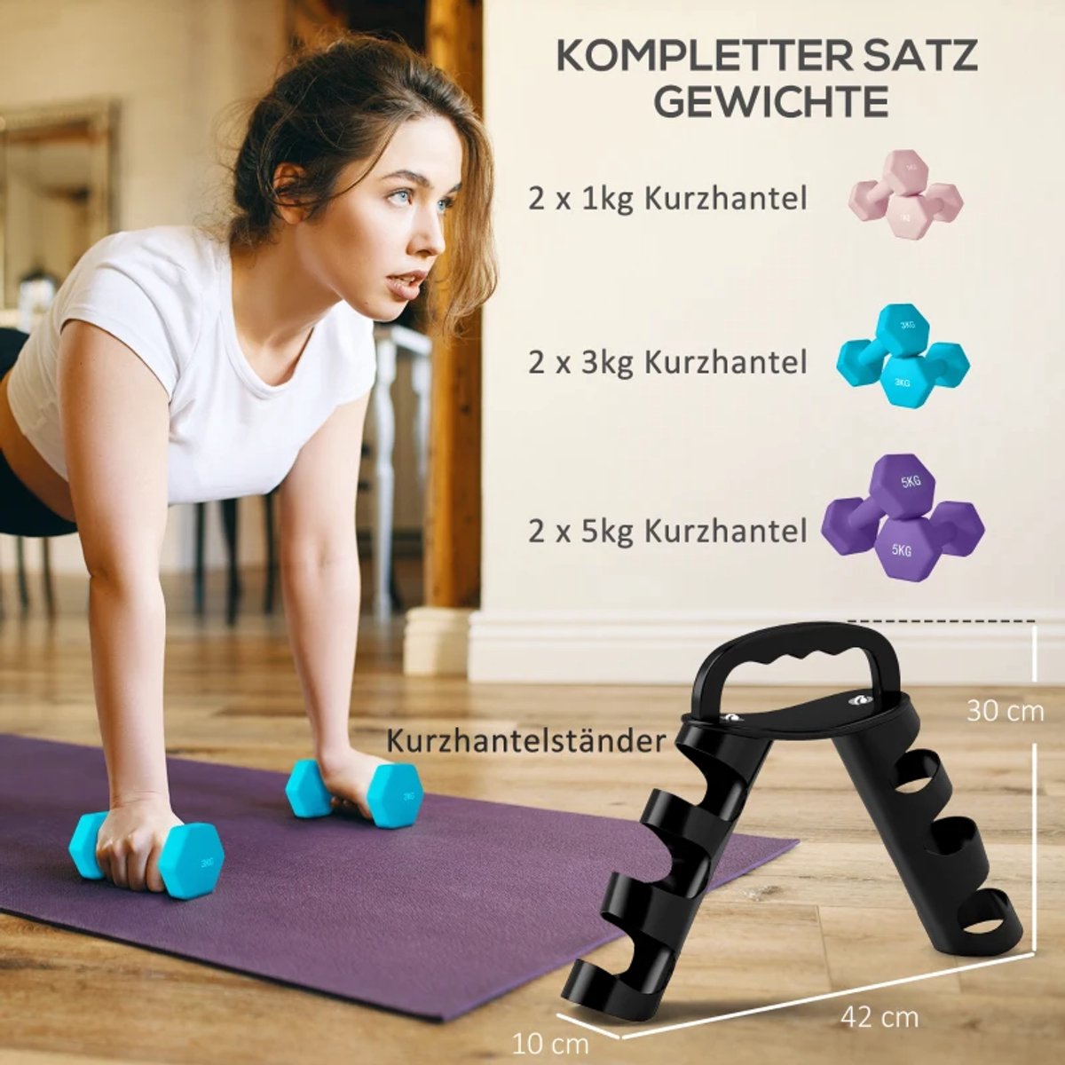 Halterset met Halterstandaard - Dumbells - Gewichten - Dumbells set van 6 Halters - Gewichten Fitness - 2 x 1 kg, 2 x 3 kg, 2 x 5 kg - Halter set voor Krachttraining, Workout, Gym thumbnail 3