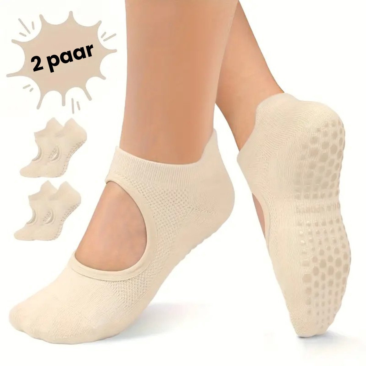 Anti-Slip Yoga & Pilates Sokken voor Dames - 2 Paar - Beige - Boogondersteuning - Ademende Open Sokken met Gripzool voor Extra Stabiliteit & Comfort - Ideaal voor Pilates, Yoga, Ballet, Dans, Barre & Fitness