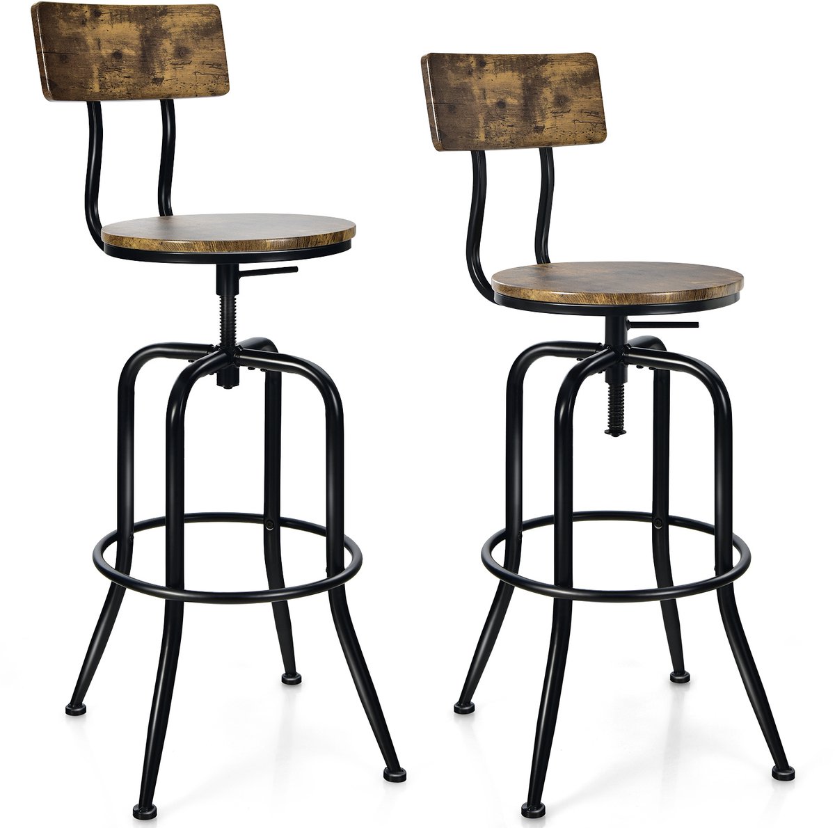 COSTWAY Set van 2 barkrukken, draaibaar, met zithoogte 69-76 cm, in hoogte verstelbaar, met afneembare rugleuning, industrieel design, voor thuis, bistro, eetkamer