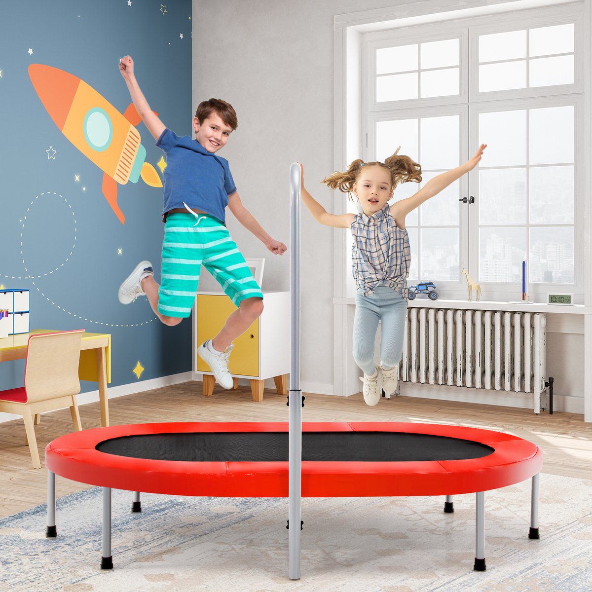 COSTWAY Trampoline voor 2 personen, met in hoogte verstelbare handgreep, mini-trampoline tot 150 kg belastbaar, kindertrampoline inklapbaar, tuintrampoline voor kinderen en volwassenen (rood) — afbeelding 3