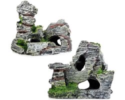 TuseRxln Aquarium Decoratie Rots - Schuilplek - Natuurlijk Uiterlijk Met Groen Gras En Realistische Openingen - 2 Stuks - Voor Zoetwater En Zoutwater Aquariums + Groen