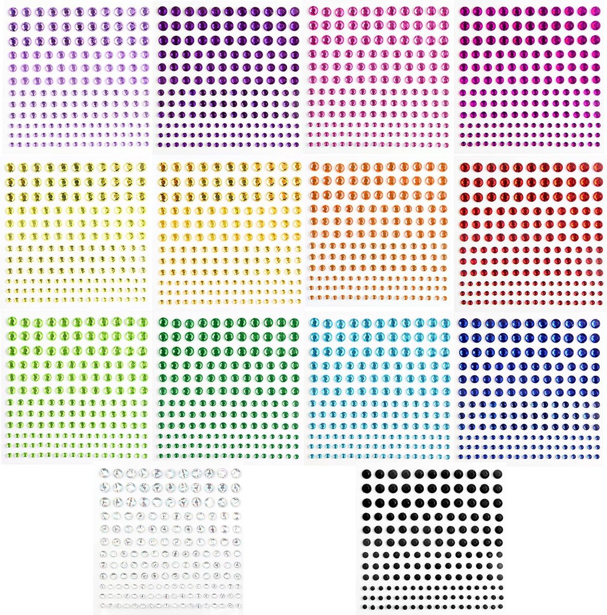 Plak diamantjes, 14 sets in verschillende kleuren - Zelfklevende glitter steentjes - Stickers voor lichaam en gezicht - Rhinestones face jewels - Strass