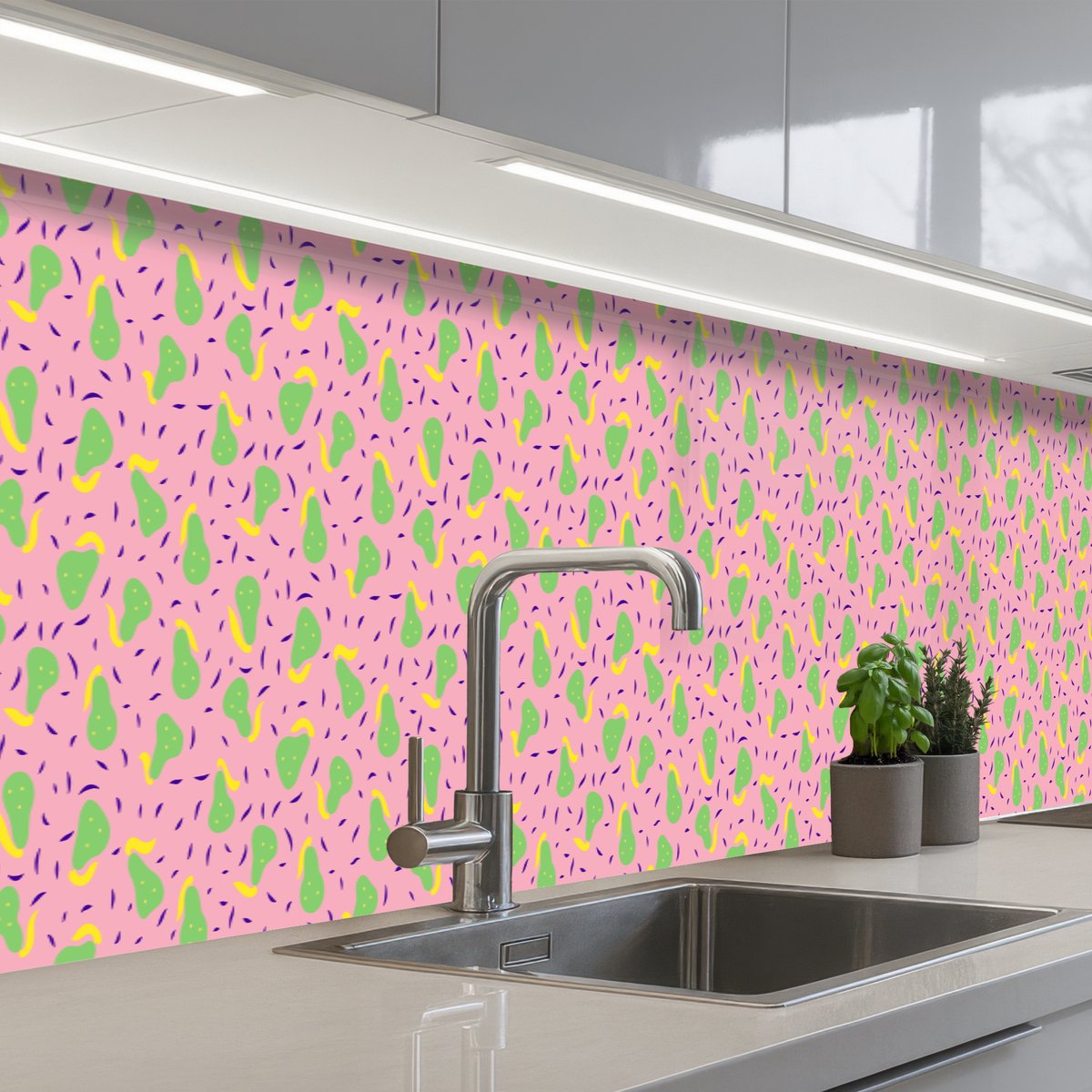 Keuken achterwand 500x60 cm - Spatscherm zelfklevend Roze - Streepjes - Groen - Peer - Muurbeschermer - Spatwand fornuis