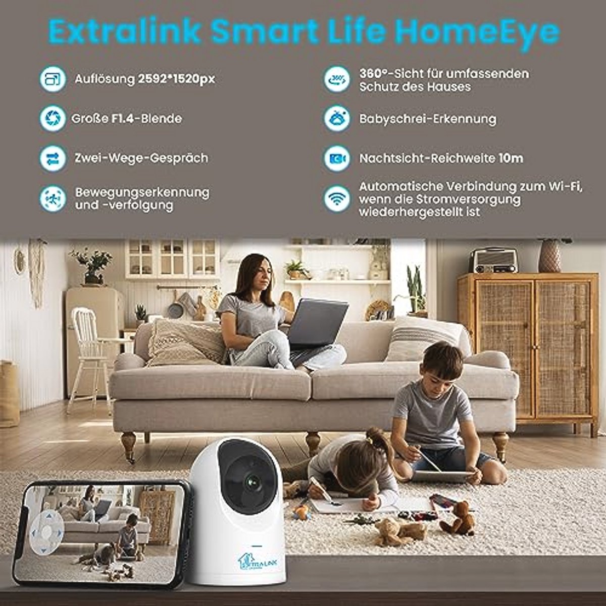Draadloze 4MP Binnen Bewakingscamera met 360° Zicht en Bewegingsdetectie