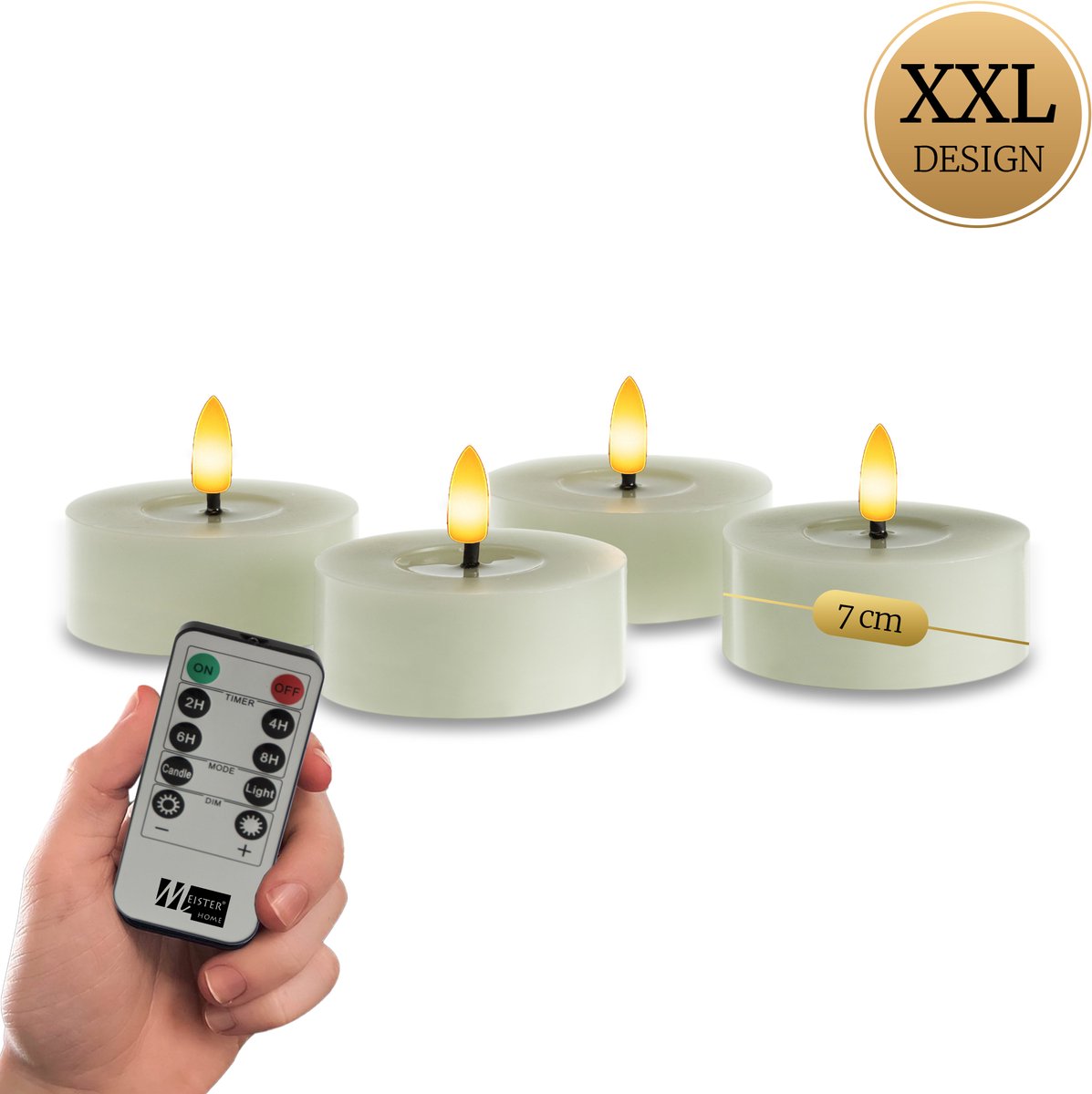 Meisterhome® XXL LED-theelichten 4-delige set Sage groen – vlamloze LED kaarsen - flikkerend licht - LED Waxinelichtjes – Ø 7 cm, hoogte 3 cm – gemaakt van echte wax – met timer & afstandsbediening – werkt op batterijen – warm wit licht
